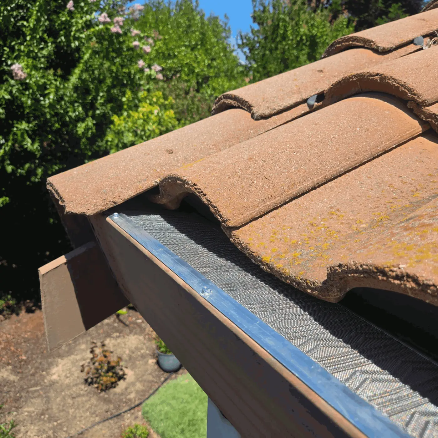 Close-up of a stainless micro-mesh guard screwed to a brown gutter beneath S-tile roofing