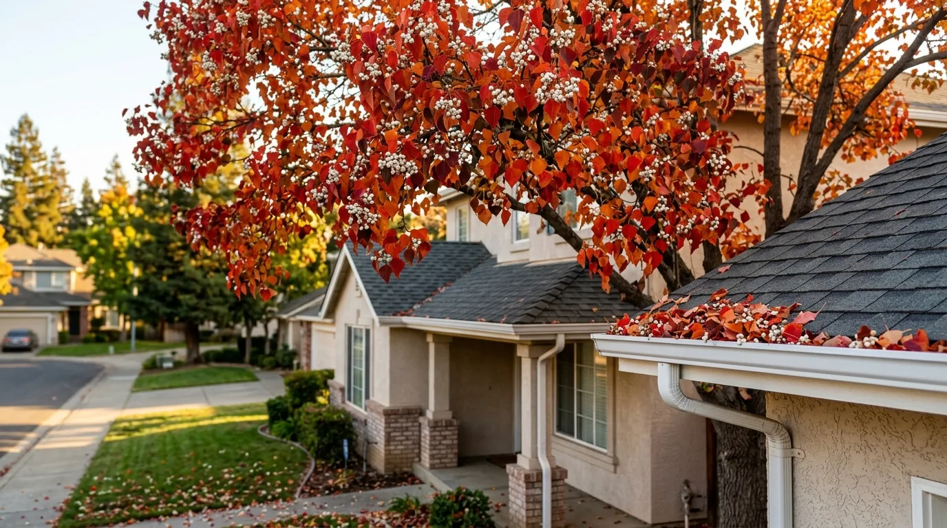 Chinese tallow tree with white popcorn berries and red autumn leaves dropping into a Sacramento home rain gutter