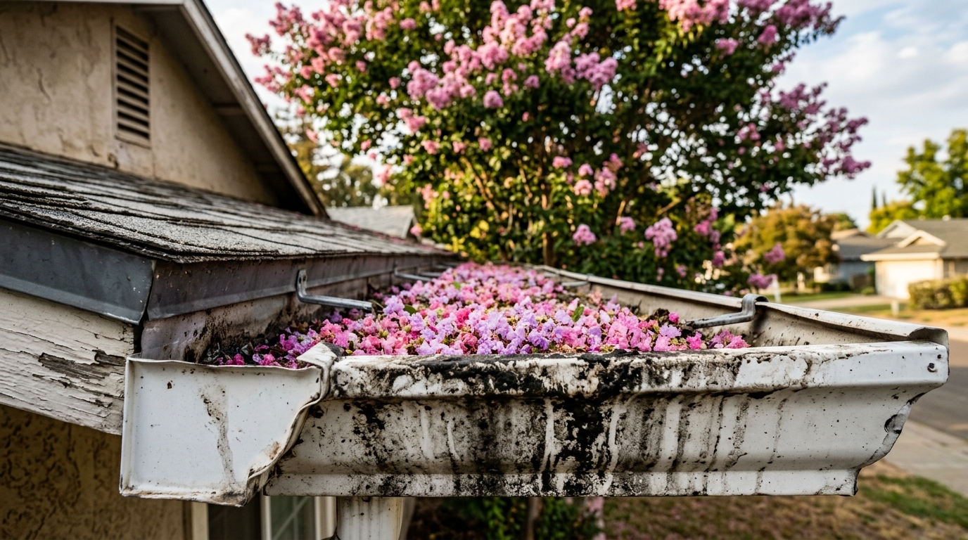 Crepe Myrtle Gutter Problems in Sacramento: How Sticky Bloom Drop and Sooty Mold Wreck Gutters (2026)