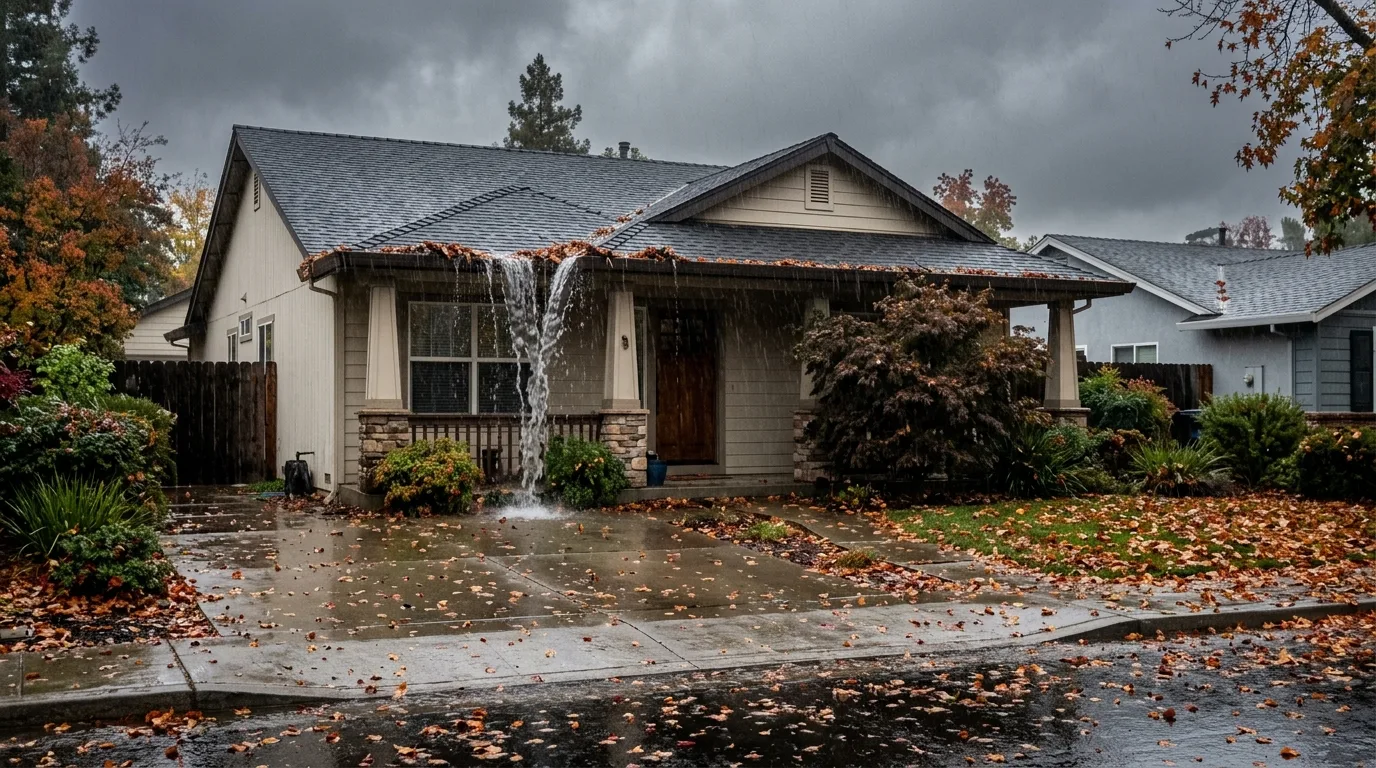 Rainwater cascading over the front edge of a clogged gutter on a Sacramento home during the first storm of the season