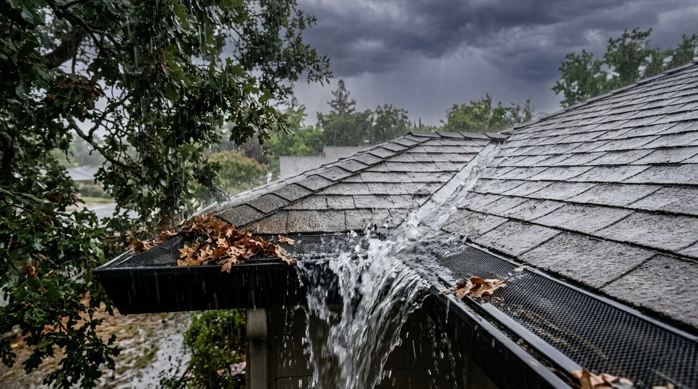 Heavy rain overshooting a Sacramento gutter at a roof valley despite installed micro-mesh gutter guards during an atmospheric river storm