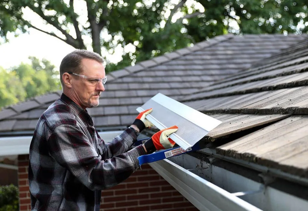 Professional micro-mesh gutter guard installed on a Sacramento home during heavy rain showing water flowing through the guard