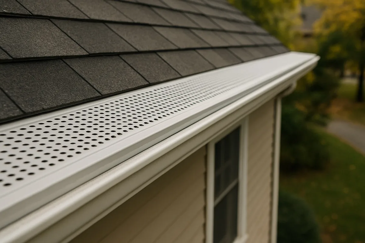 Close-up comparison of reverse curve and micro mesh gutter guard materials installed on a Sacramento home