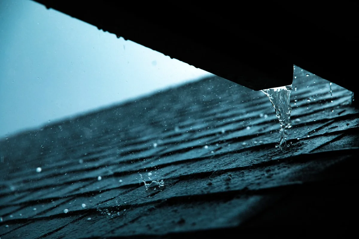 Close-up of gutter apron flashing installed under shingles to prevent water from running behind the gutter on a Sacramento home
