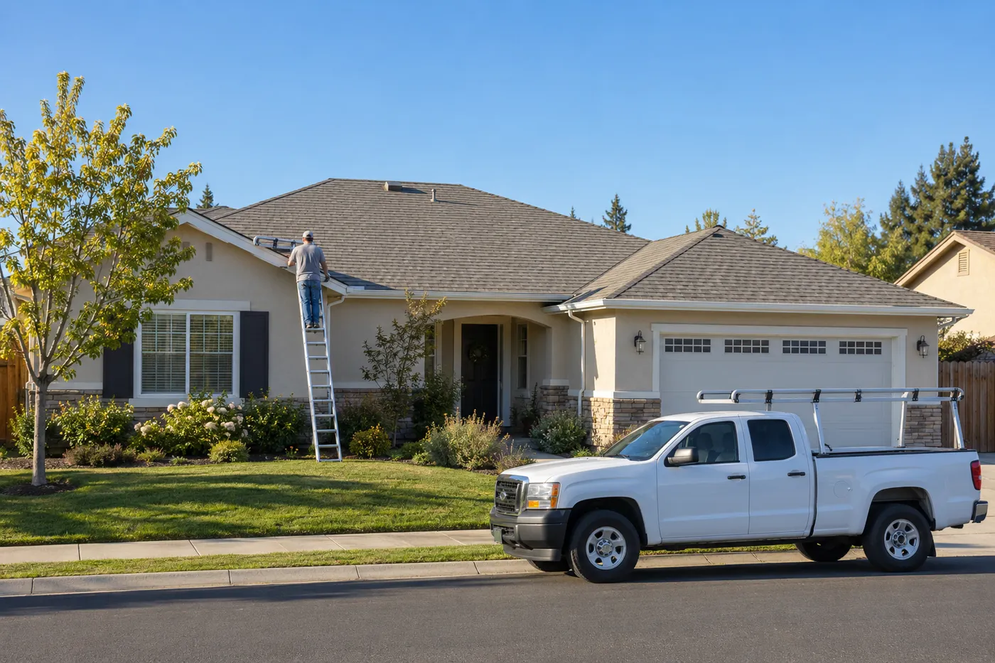 Gutter installer on a ladder at the roofline of a stucco ranch home, work truck at the curb