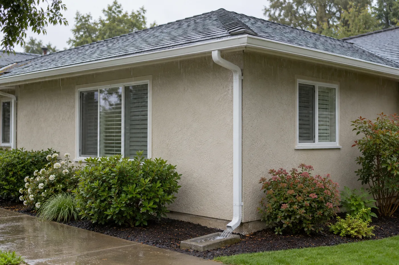 Rainwater flowing through a guarded gutter and downspout onto a splash block
