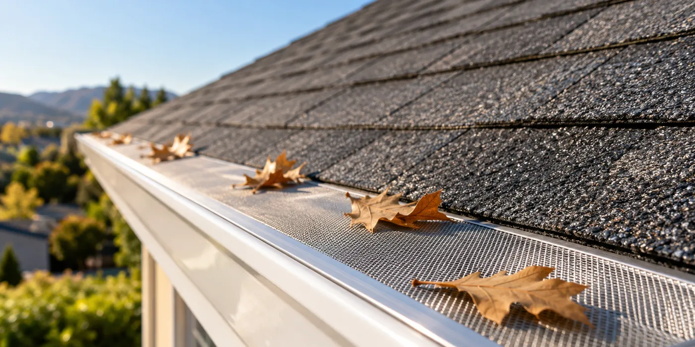 Stainless micro-mesh gutter guard on a white seamless gutter with oak leaves resting on top