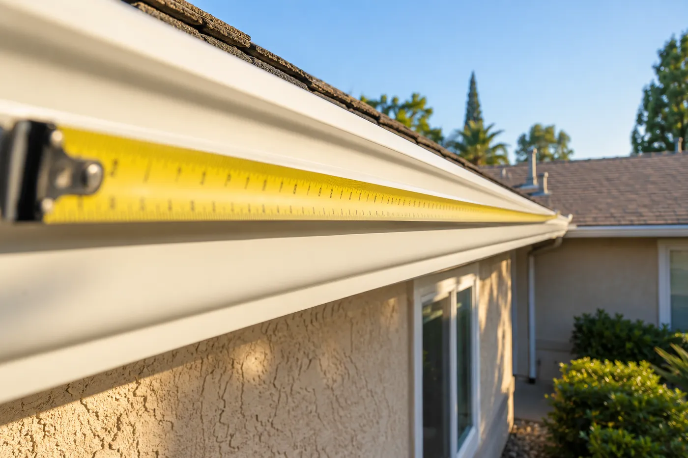 Tape measure extended along a seamless gutter run on a stucco home